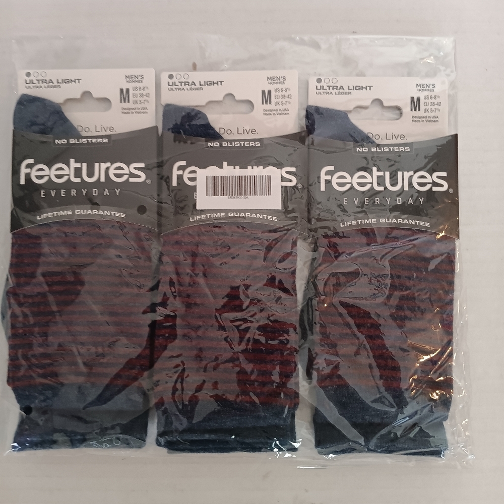 Feetures Set of 3 Men's‎ Ultra Light Socks - Blue & Maroon Strips Size M 6 - 8/5